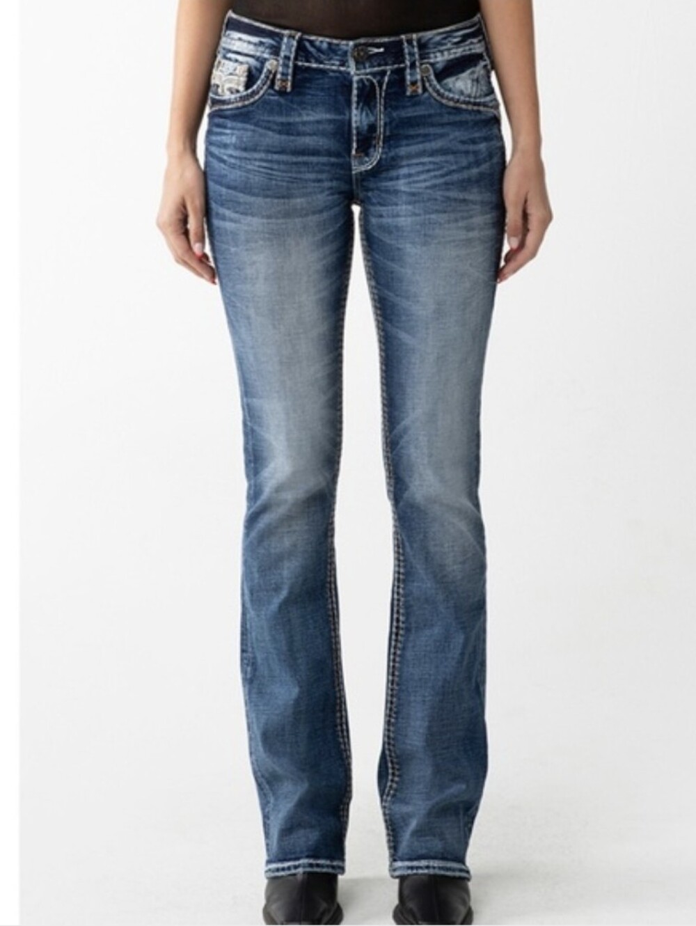 Rock Revival Silken Rhinestone Pocket Bootcut Jeans Womens Size 30